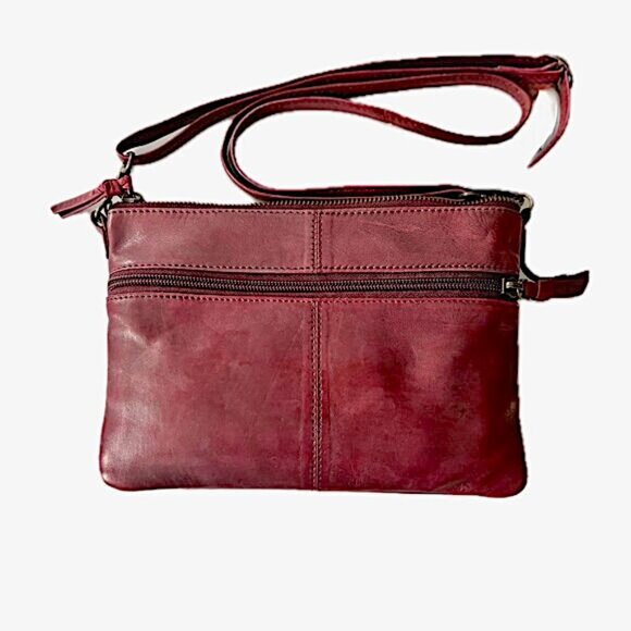 Bass Leather Crossbody Shoulder Clutch Bag Burgundy Zip Pockets Detachable Strap - Picture 9 of 9